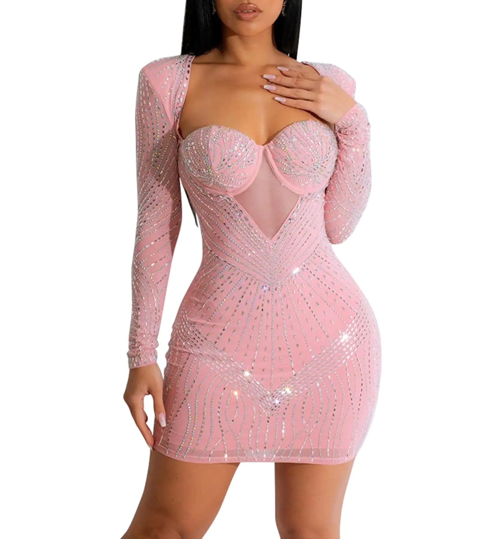 Glam Rhinestone Long Sleeve Party Dress
