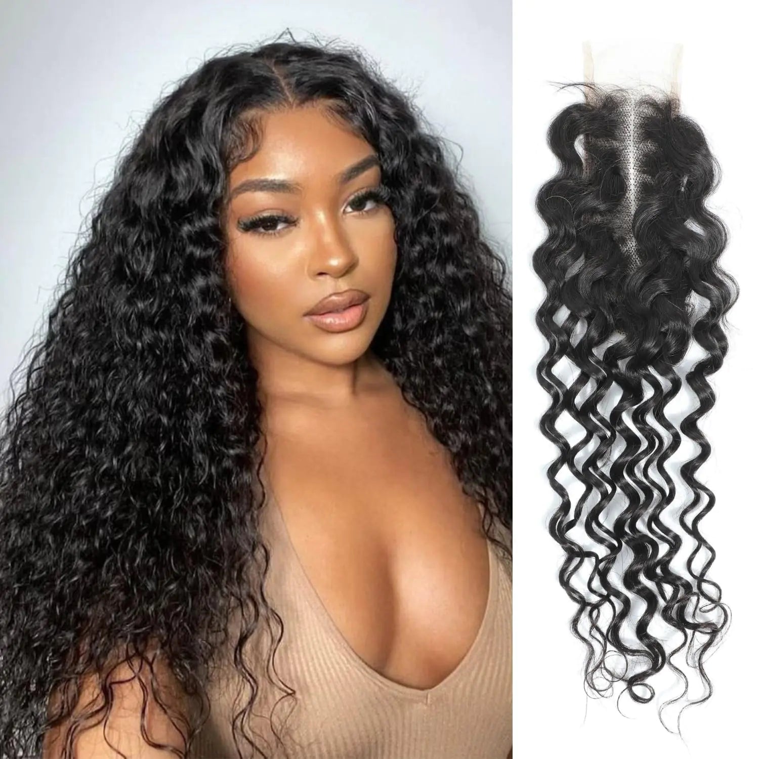 BonitaBae Water Wave 2x6 HD Lace Closure 100% Unprocessed Virgin Human Hair Transparent Lace Closure Pre-Plucked Hairline Wet And Wavy Middle Part Closure with Baby Hair Natural Black Color 12 Inch