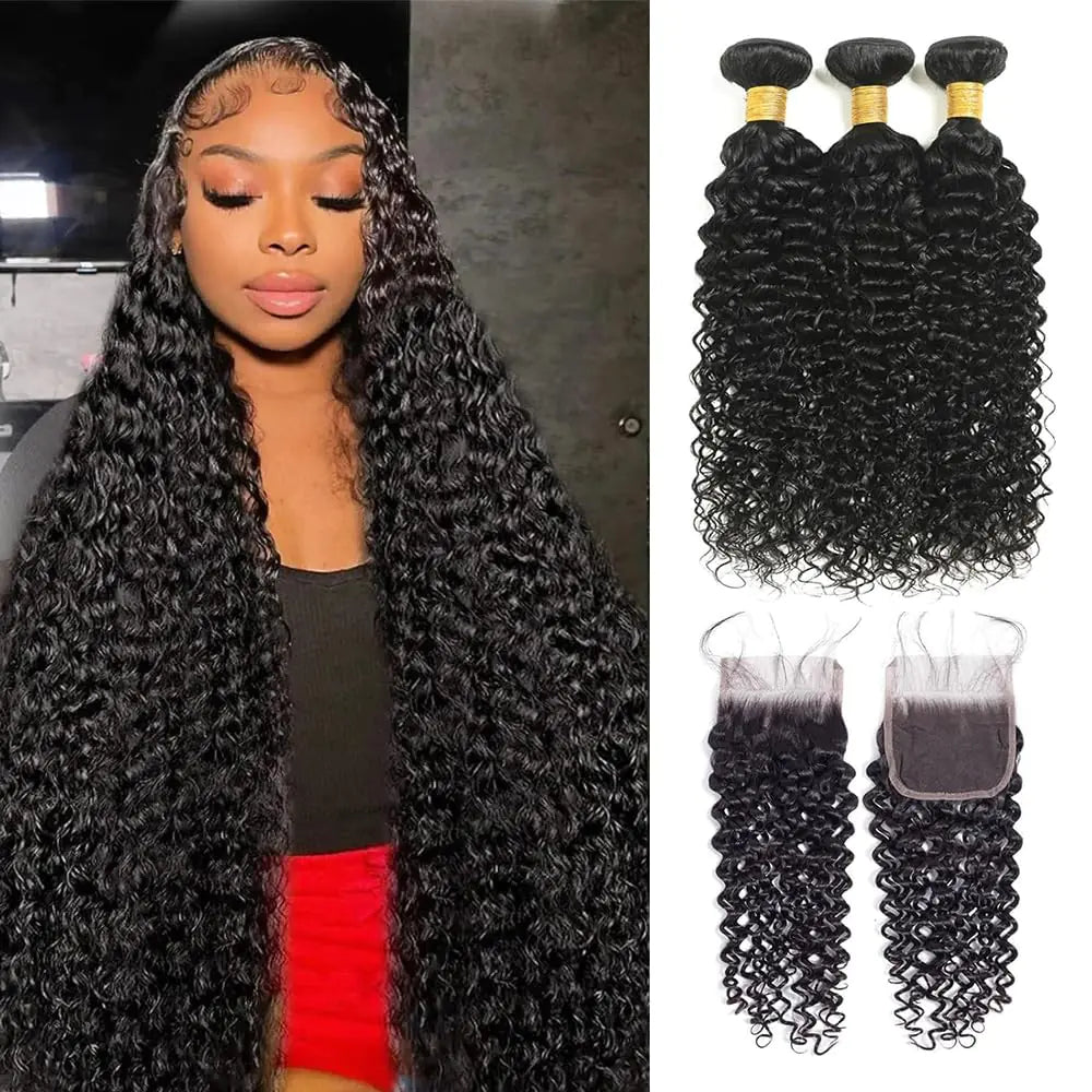 Water Wave Bundles with Closure 20 22 24 inch Wet and Wavy Human Hair Bundles with Closure 5x5 HD Lace Closure 18 inch Free Part 100% Unprocessed Virgin Hair Water Wave Bundles with Closure