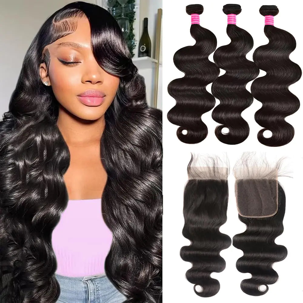 Body Wave Bundles with Closure (20 22 24+18) Brazilian Human Hair 3 Bundles with 4x4 HD Lace Closure 100% Unprocessed Virgin Hair Body Wave Bundles Human Hair Natural Color for Black Women